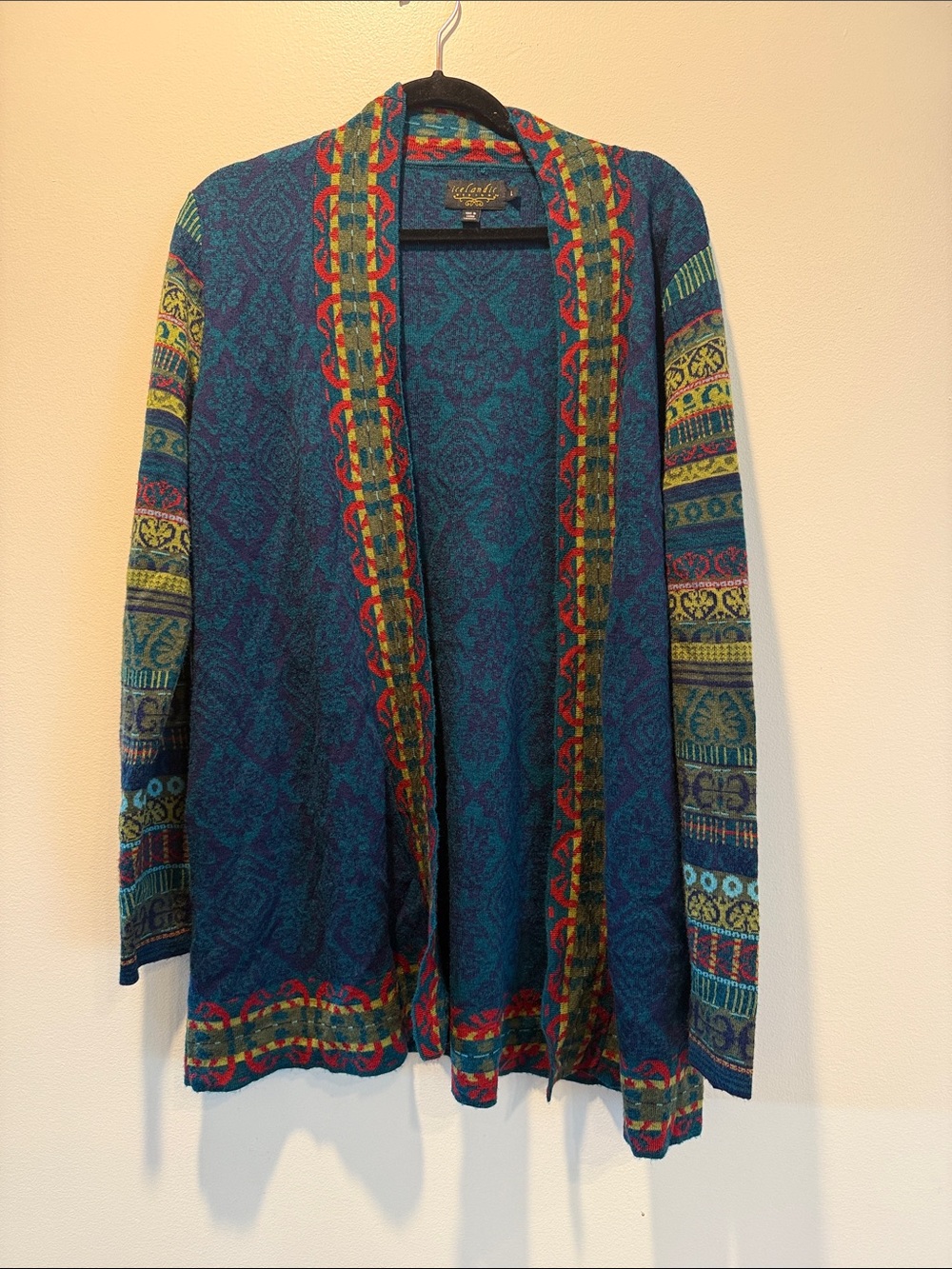 Icelandic Teal Multicolor Open-Front Knit Cardigan Size Large 50% Wool